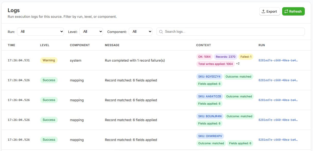 PowerFeed execution logs showing record matches, fields applied and a run warning