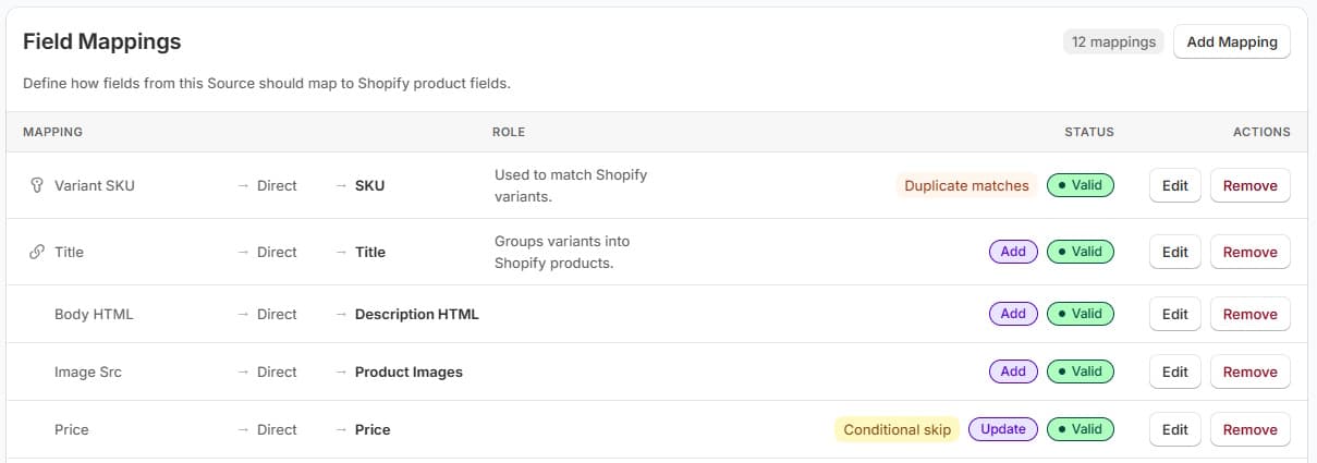 PowerFeed product and variant field mappings for a configured supplier source