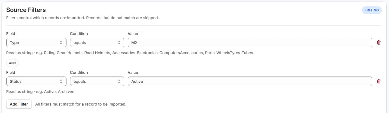 PowerFeed Source Filters with Type and Status conditions determining eligible records