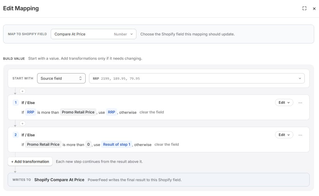 PowerFeed mapping editor with sequential If Else transformations for Shopify Compare At Price