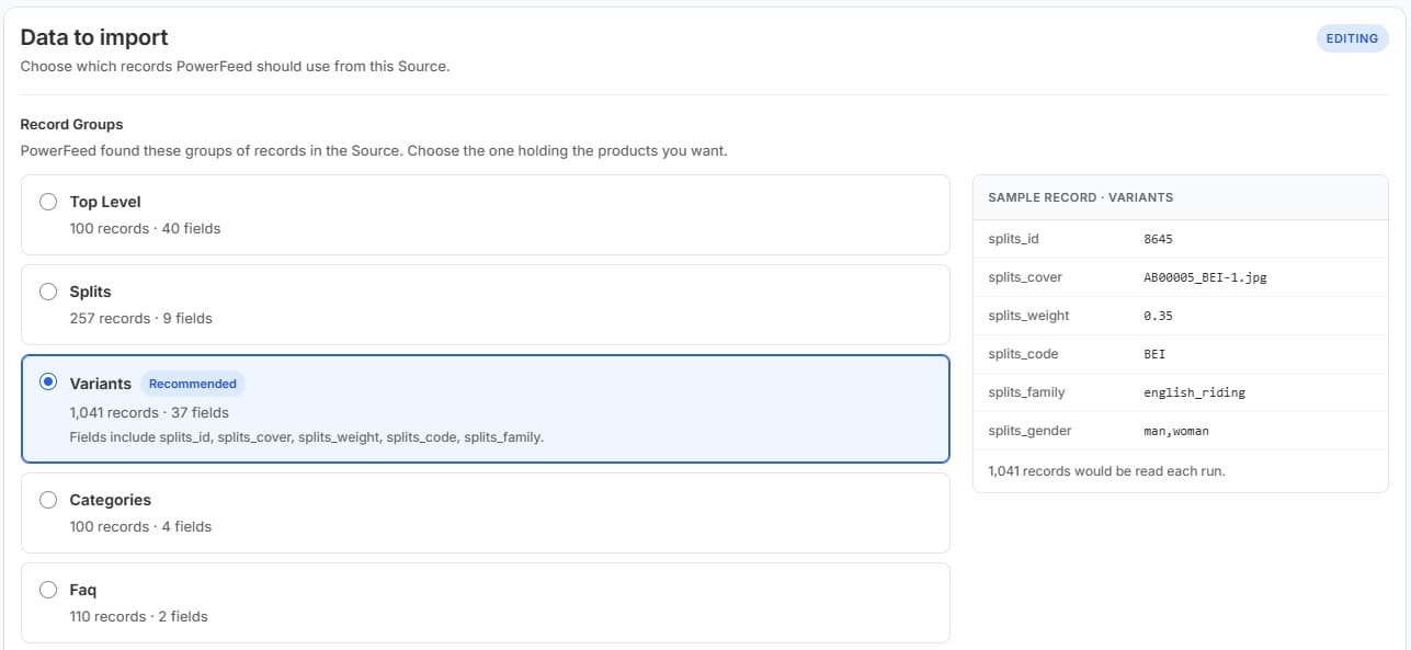 PowerFeed Data to import interface displaying available record groups with Variants selected