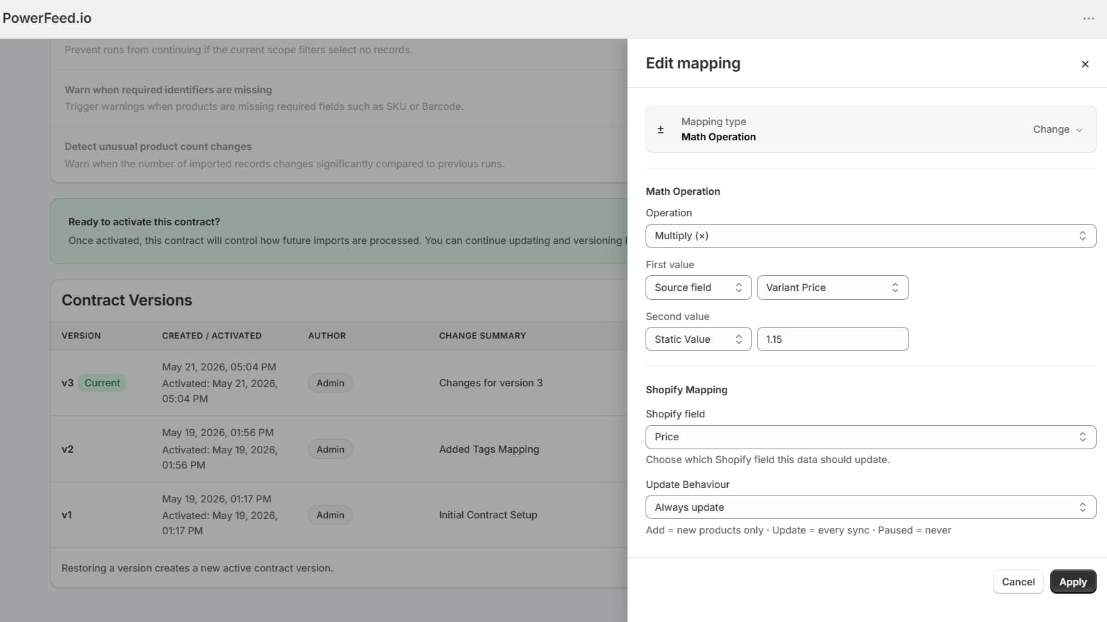 PowerFeed edit mapping panel