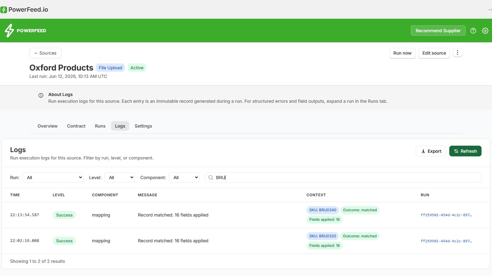 PowerFeed logs screen