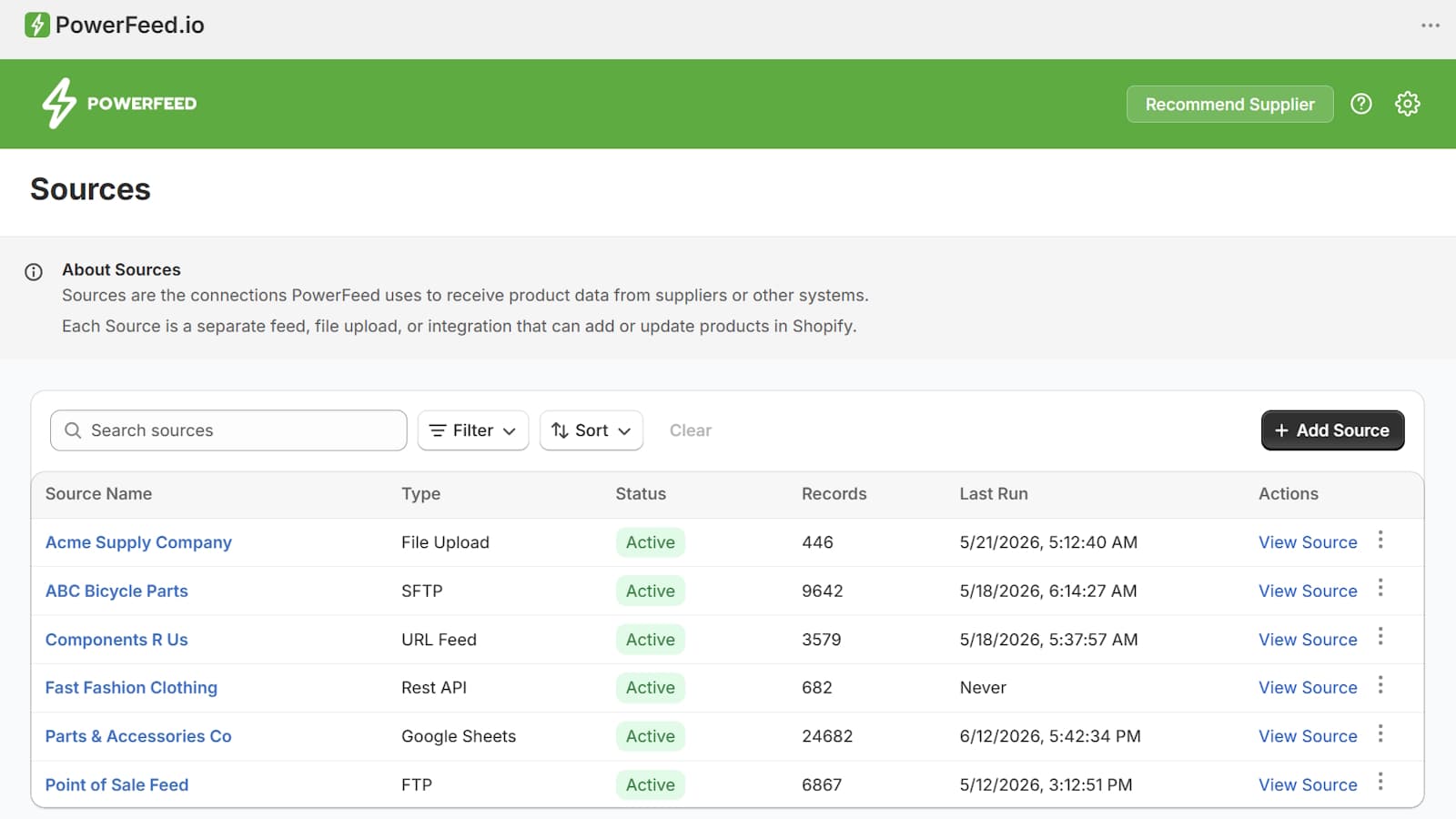 PowerFeed sources list