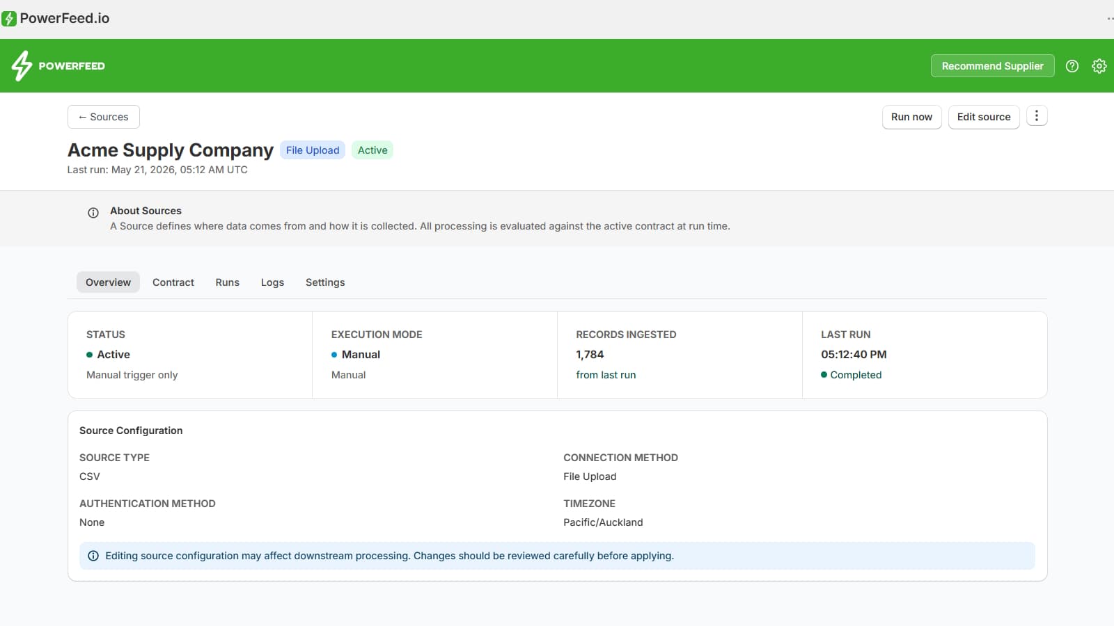 PowerFeed source overview screen