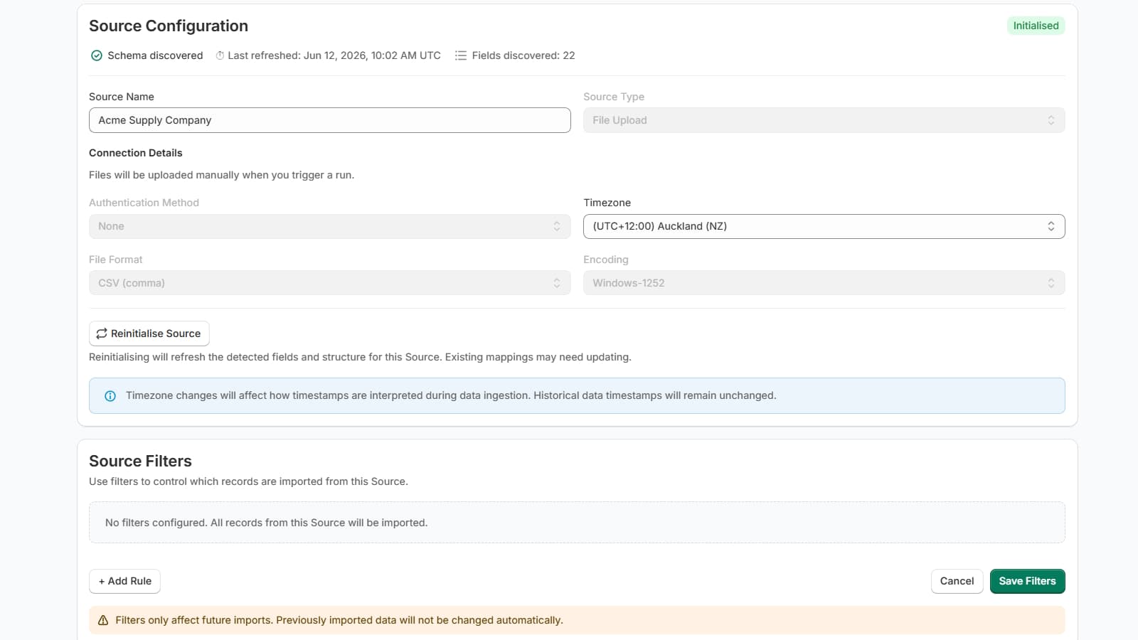 PowerFeed source configuration settings