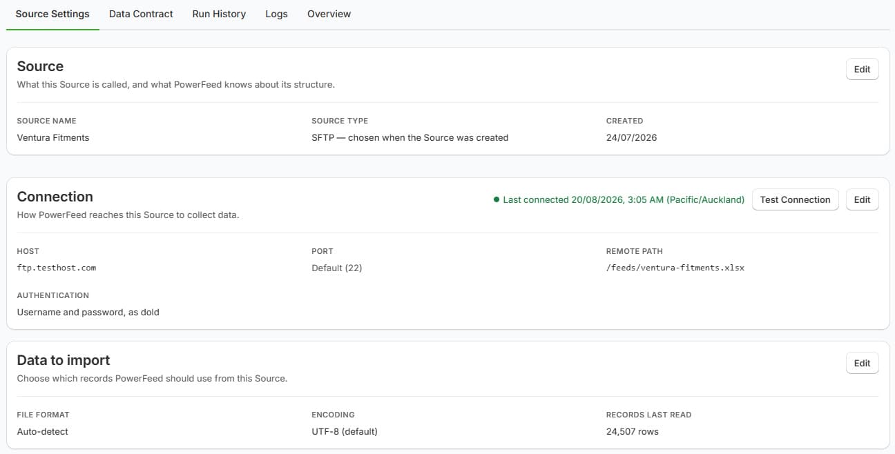 PowerFeed SFTP source settings showing connection details and a remote file path